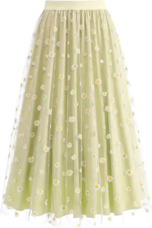 Women Daisy Embroidered Tulle Skirts Floral Mesh Casual Elastic High Waist Long Skirts Flower Swing A Line Skirt