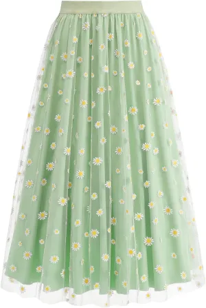 Women Daisy Embroidered Tulle Skirts Floral Mesh Casual Elastic High Waist Long Skirts Flower Swing A Line Skirt