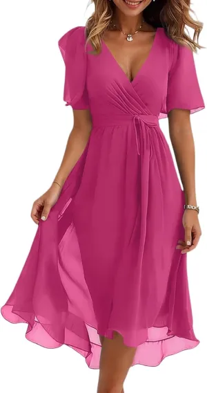 Women Deep V Neck Midi Dresses Casual Summer Puff Sleeve Boho Dress Trendy Flowy Swing Beach Vacation A Line Dresses