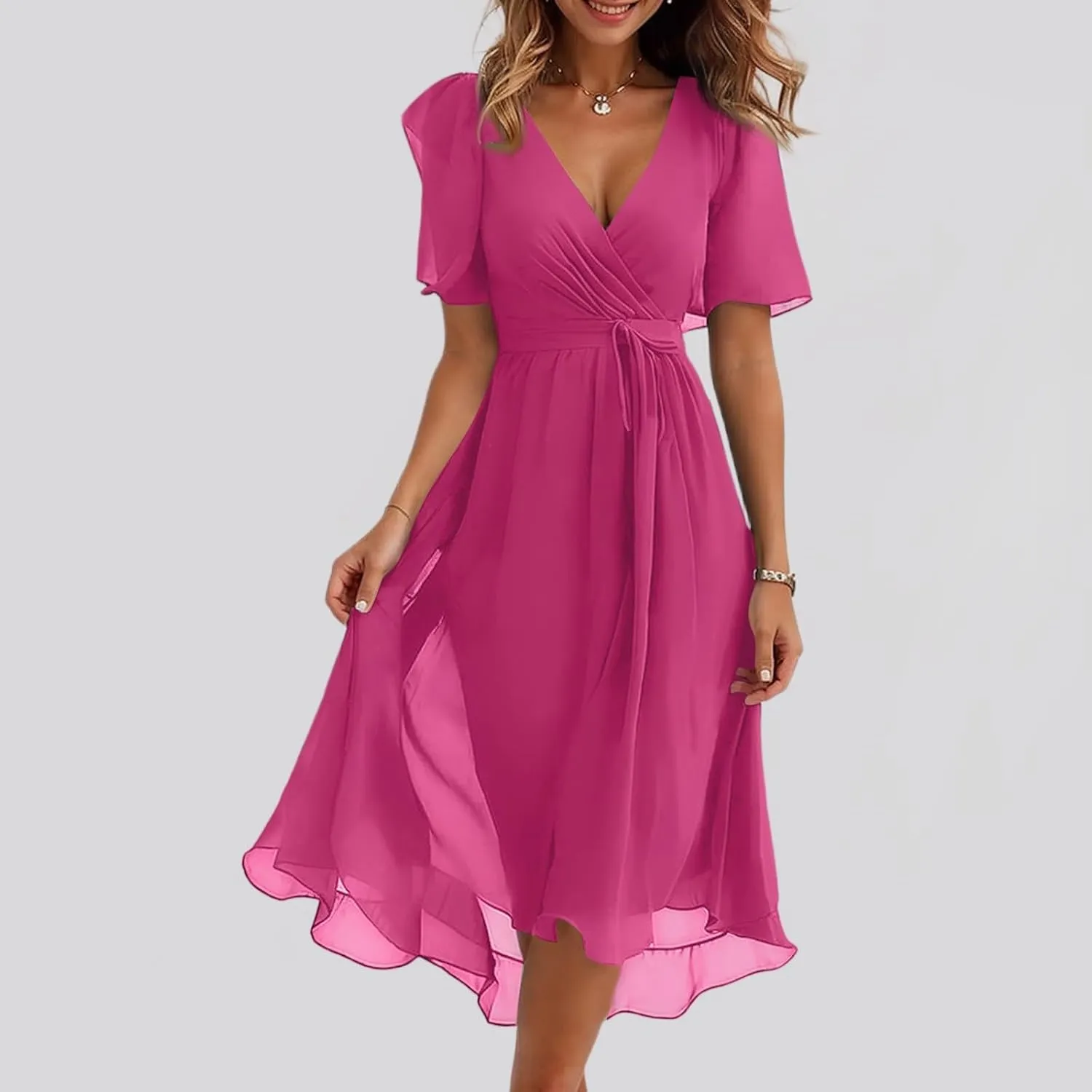 Women Deep V Neck Midi Dresses Casual Summer Puff Sleeve Boho Dress Trendy Flowy Swing Beach Vacation A Line Dresses