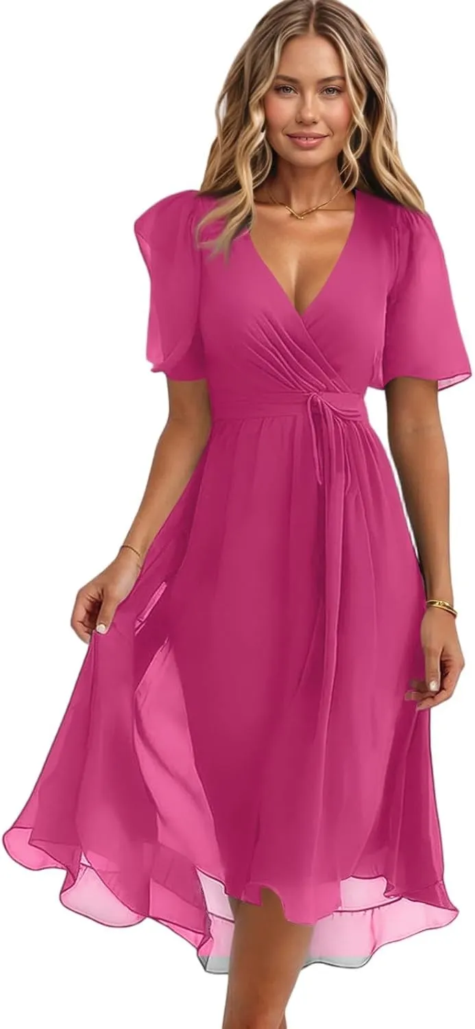 Women Deep V Neck Midi Dresses Casual Summer Puff Sleeve Boho Dress Trendy Flowy Swing Beach Vacation A Line Dresses