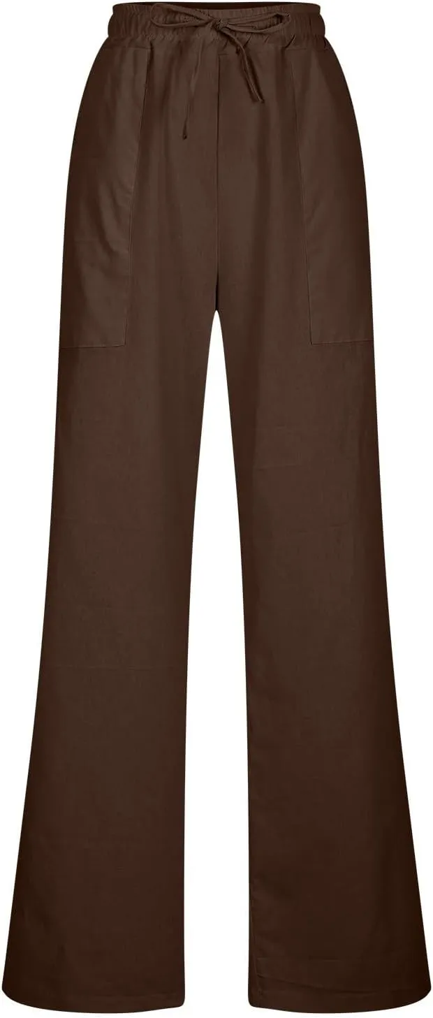 Women High Waisted Straight Leg Pants, Ladies Cotton Linen Lounge Pant with Pockets Comfy Soft Trousers Resort Wear