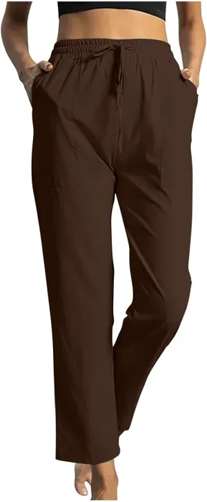 Women High Waisted Straight Leg Pants, Ladies Cotton Linen Lounge Pant with Pockets Comfy Soft Trousers Resort Wear