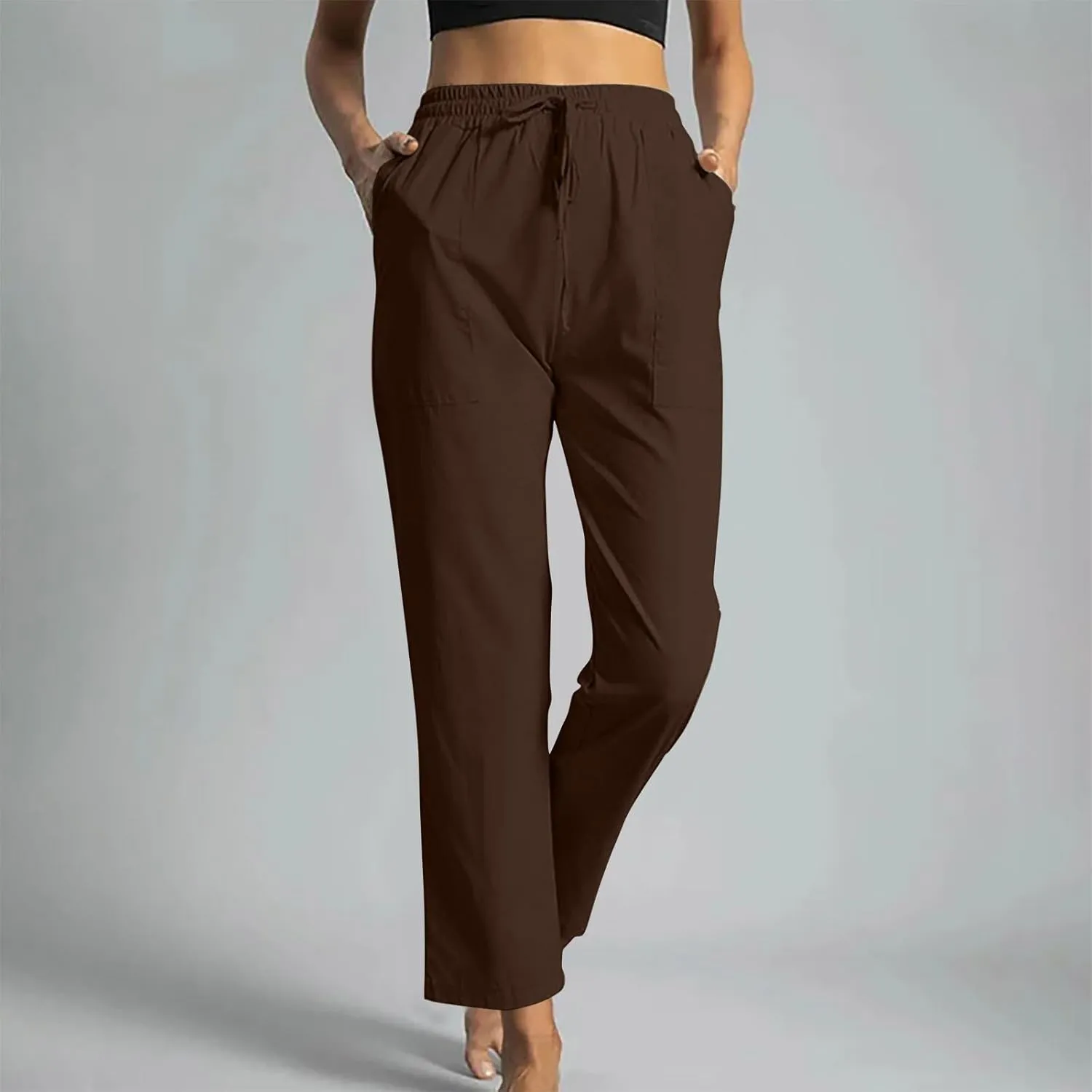 Women High Waisted Straight Leg Pants, Ladies Cotton Linen Lounge Pant with Pockets Comfy Soft Trousers Resort Wear