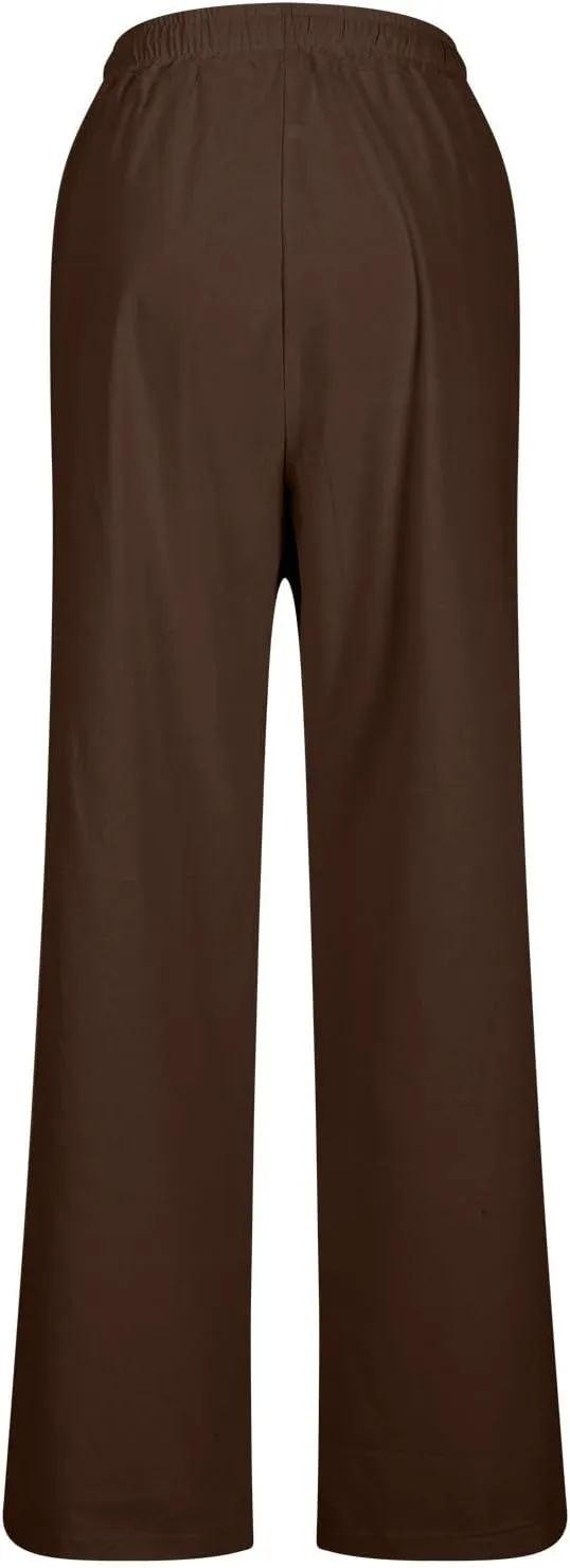 Women High Waisted Straight Leg Pants, Ladies Cotton Linen Lounge Pant with Pockets Comfy Soft Trousers Resort Wear