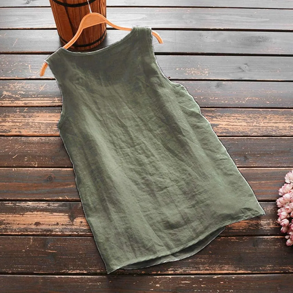 Women Linen Tank Top Button Down Crew Neck Wide Strap Loose Fit Tshirts Casual Vintage Going Out Summer Blouses