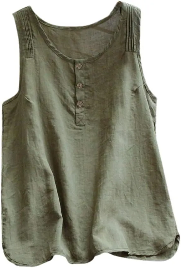 Women Linen Tank Top Button Down Crew Neck Wide Strap Loose Fit Tshirts Casual Vintage Going Out Summer Blouses