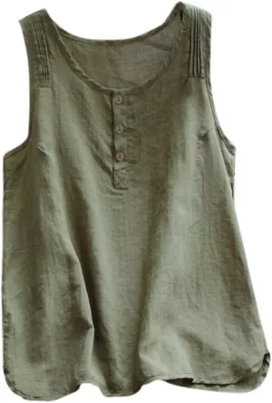 Women Linen Tank Top Button Down Crew Neck Wide Strap Loose Fit Tshirts Casual Vintage Going Out Summer Blouses