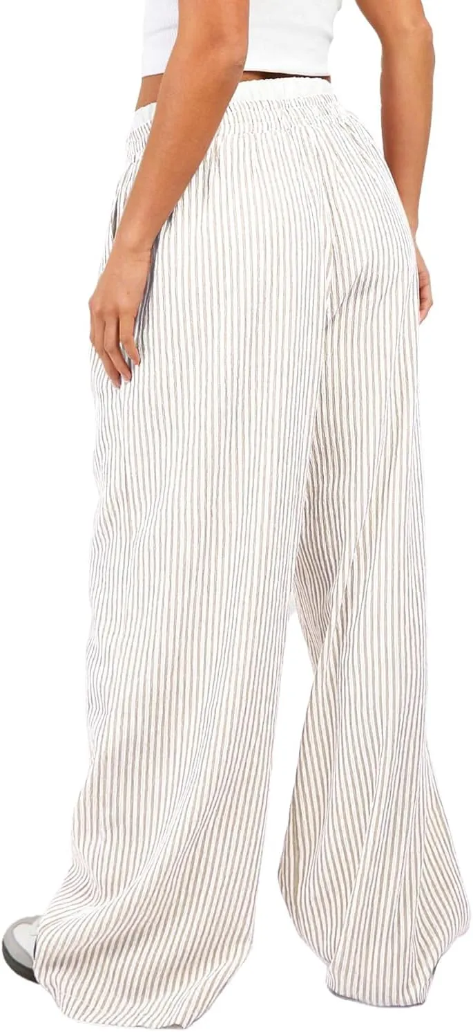 Women Pajama Pants Striped Wide Leg Elastic Waist Lounge Pj Bottoms Sleepwear