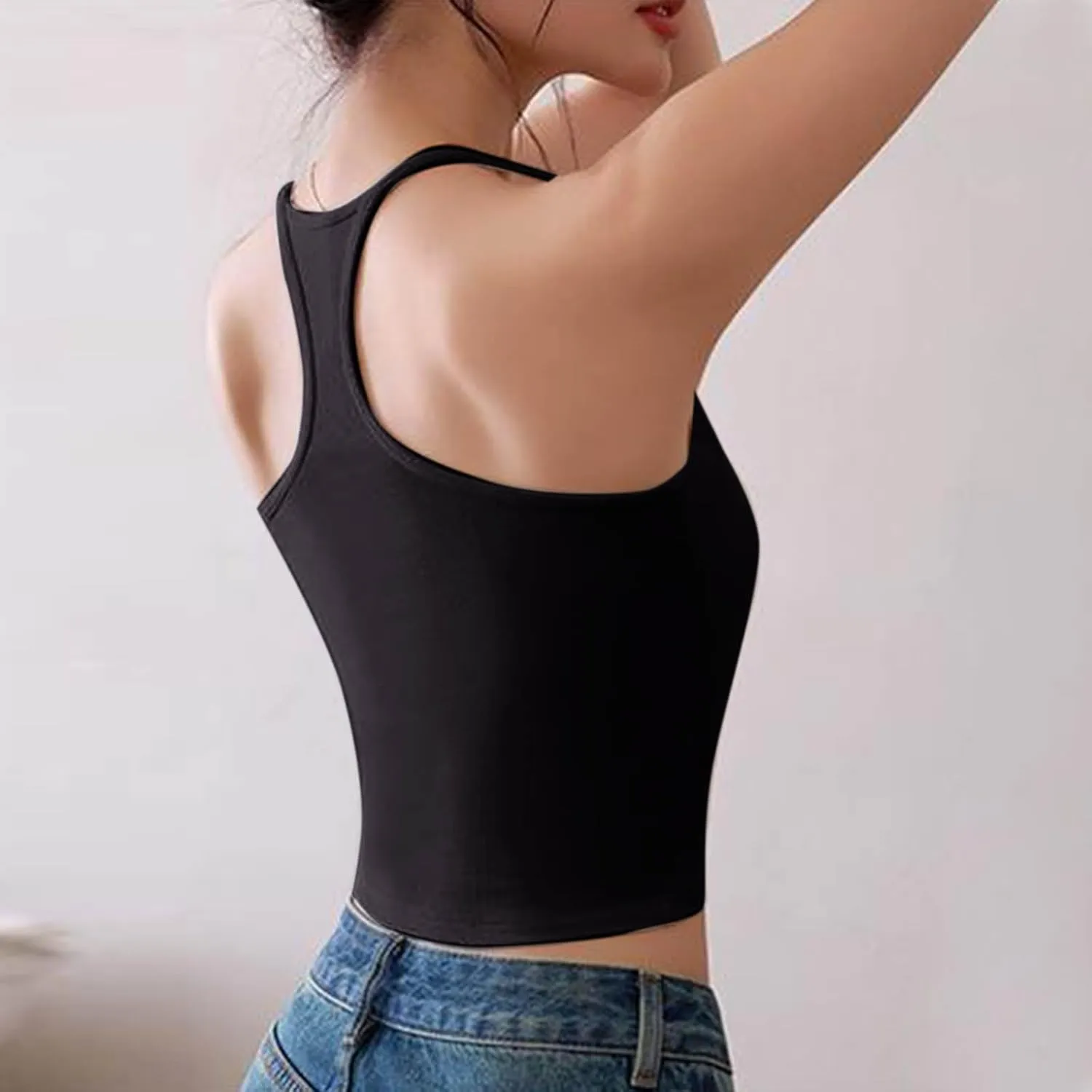 Women Ribbed Racer Back Cami Tops Summer Built in Bra Yoga Workout Tank Top Sexy Form Fitting Square Neck Undershirt