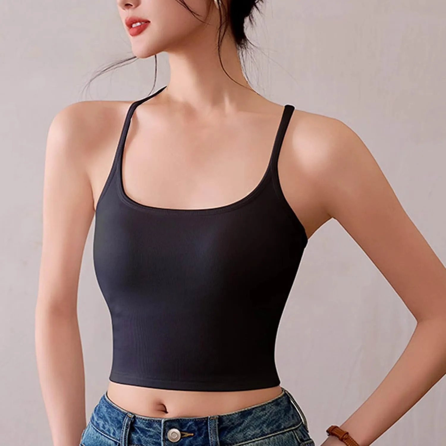 Women Ribbed Racer Back Cami Tops Summer Built in Bra Yoga Workout Tank Top Sexy Form Fitting Square Neck Undershirt