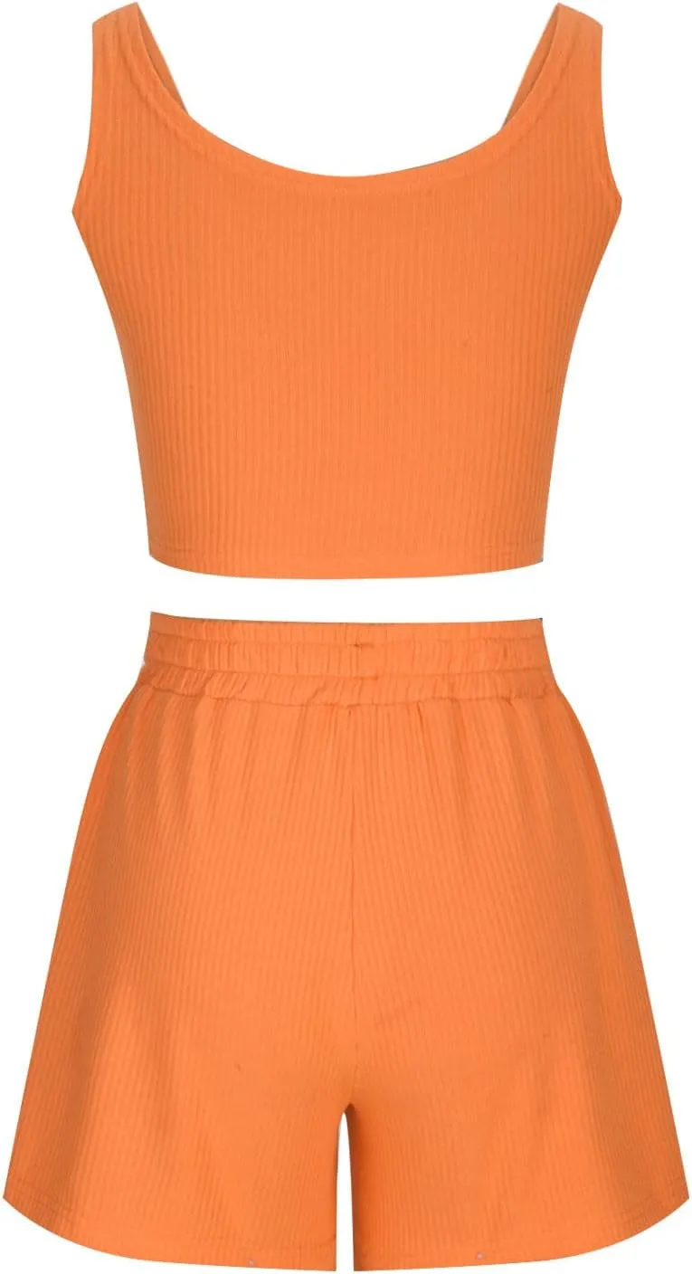 Women Ribbed Sleeveless Lounge Set 2 Piece Pajama Outfit Square Neck Crop Tank Tops and Wide Leg Shorts Sleepwear