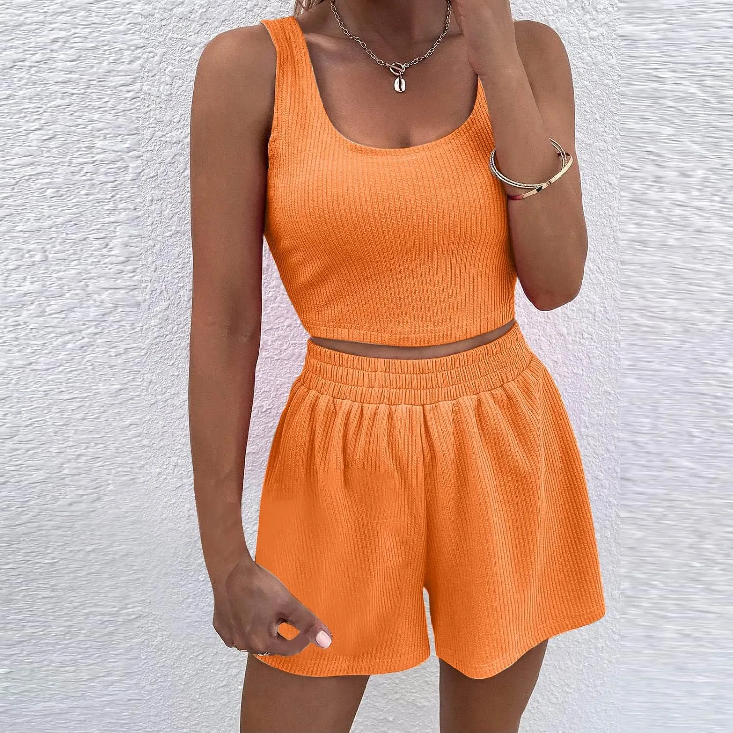 Women Ribbed Sleeveless Lounge Set 2 Piece Pajama Outfit Square Neck Crop Tank Tops and Wide Leg Shorts Sleepwear