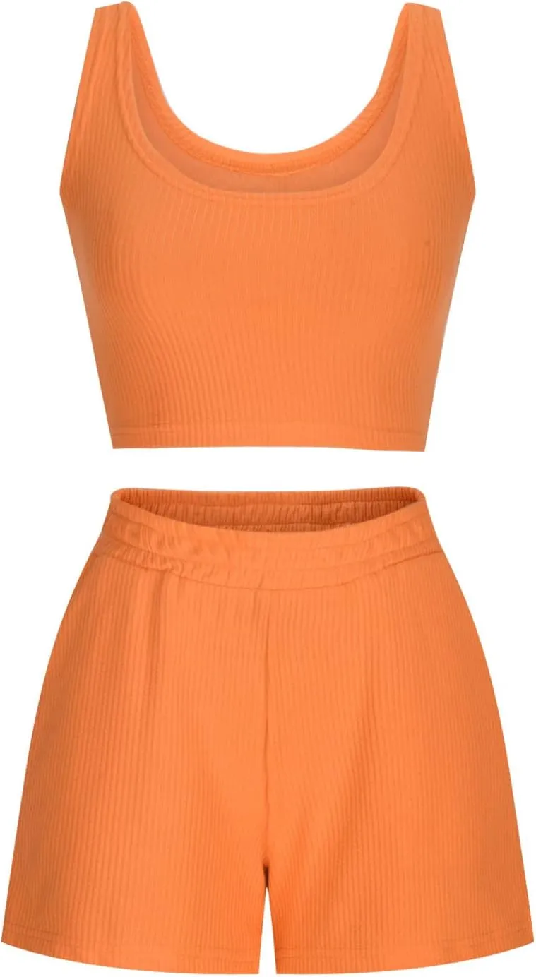 Women Ribbed Sleeveless Lounge Set 2 Piece Pajama Outfit Square Neck Crop Tank Tops and Wide Leg Shorts Sleepwear