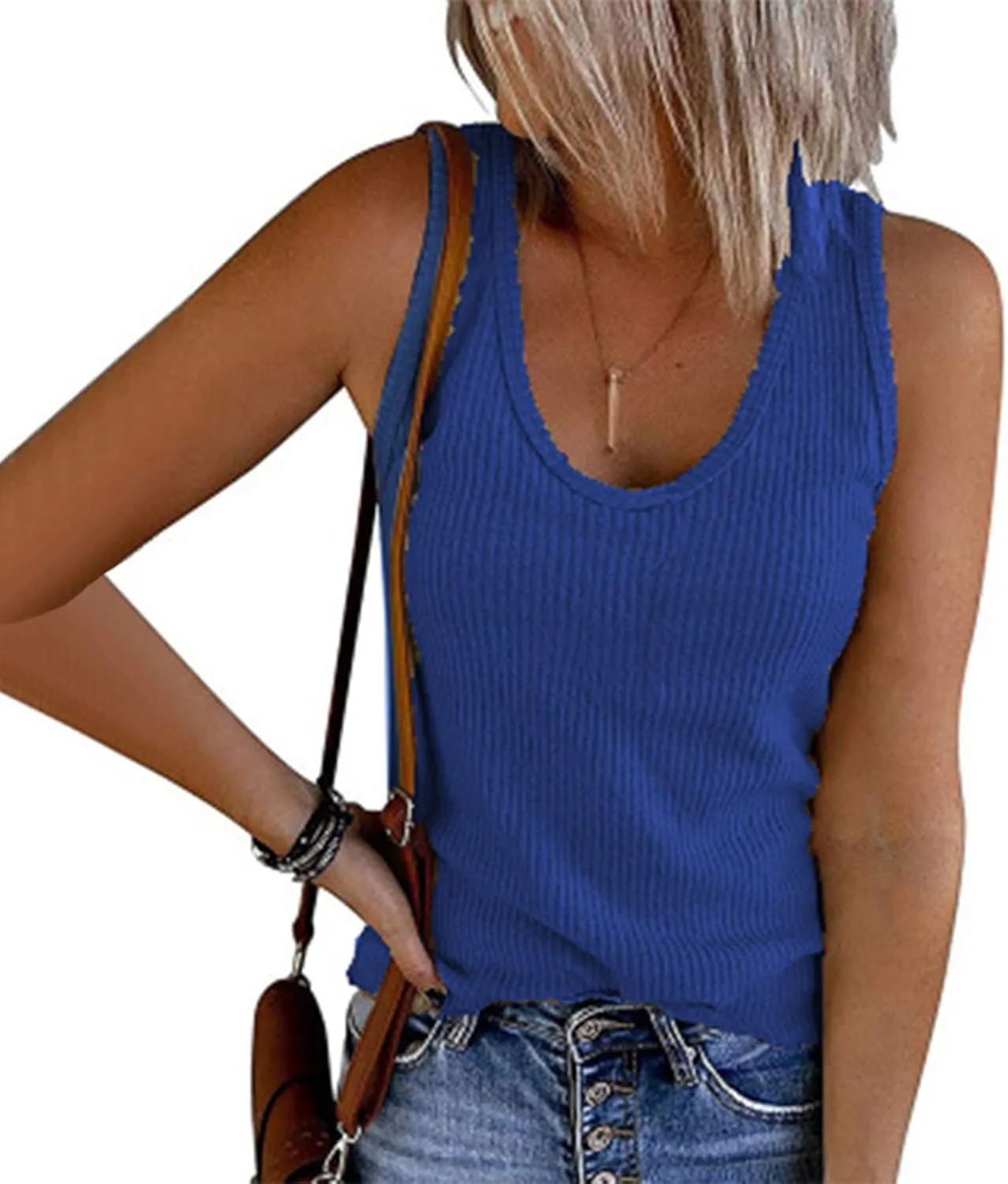 Women Ribbed Summer Tank Tops U-Neck Sleeveless Fitted Basic Cami Tee Shirts Ladies Travel Vacation Outfits