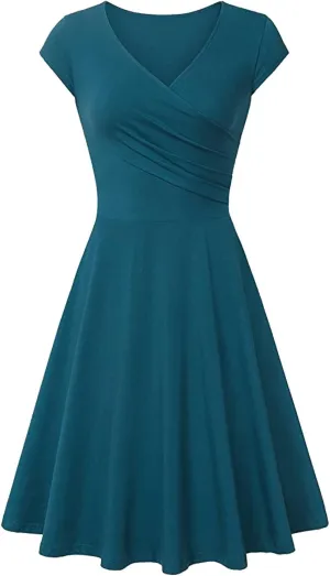 Women Short Retro Vintage Cocktail Dress Wrap V Neck Short Sleeve A Line Work Formal Wedding Guest Midi Dress