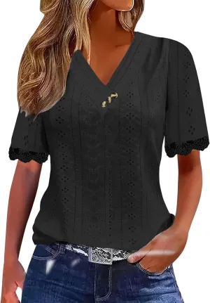 Women Short Sleeve Tops Summer V Neck Button Shirts Lace Blouse Comfy Tshirt Eyelet Tees Boho T-shirt Loose T Shirt
