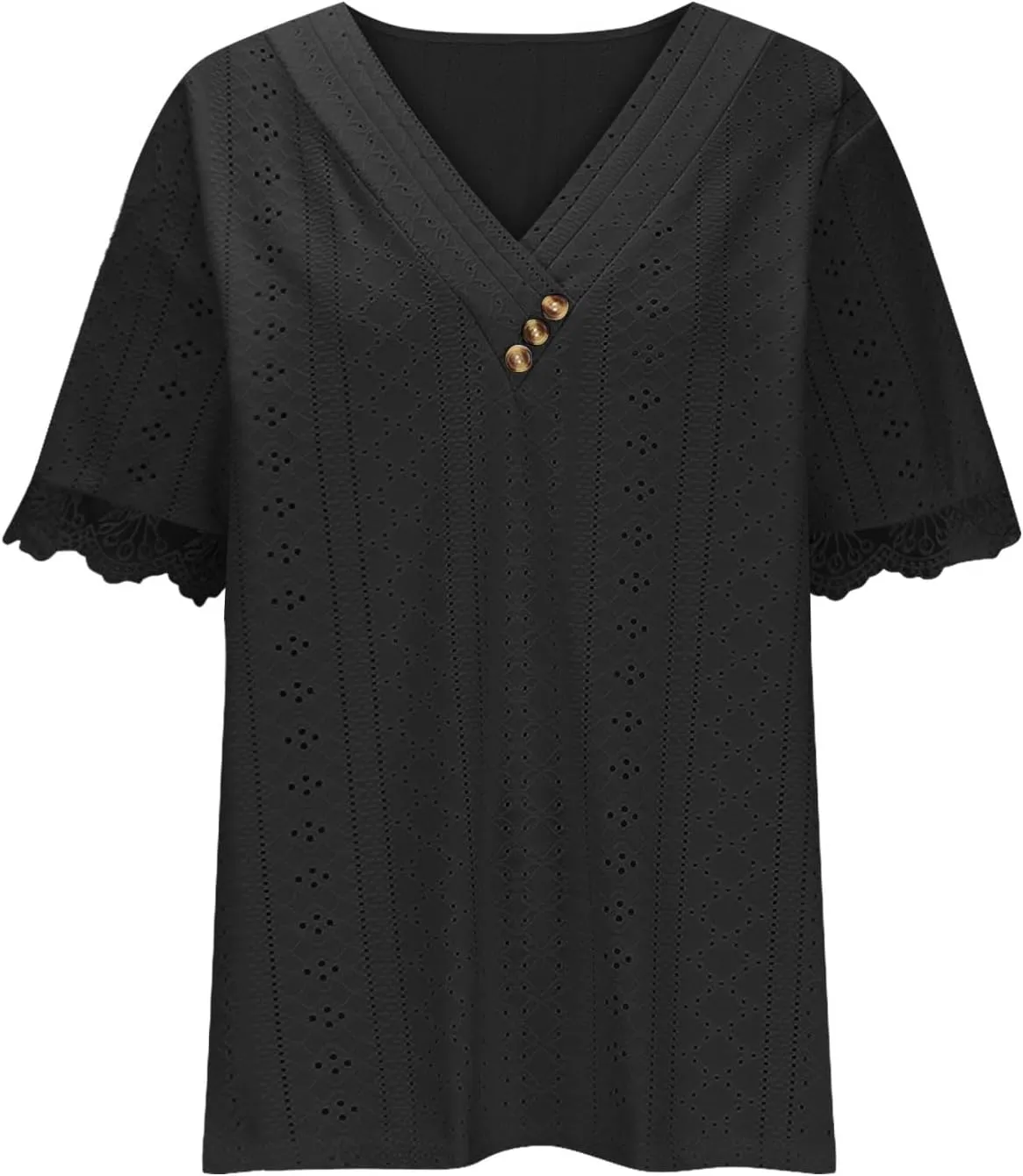 Women Short Sleeve Tops Summer V Neck Button Shirts Lace Blouse Comfy Tshirt Eyelet Tees Boho T-shirt Loose T Shirt