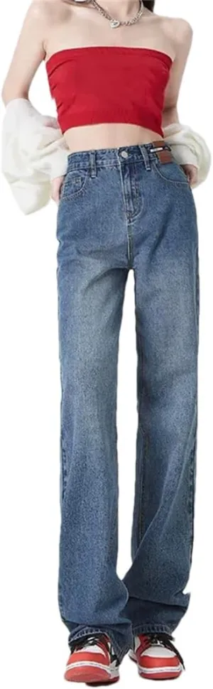 Women Spring Vintage Elastic Straight Wide Leg Pants Solid Color Trousers