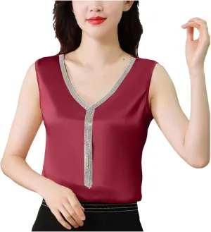 Women Summer Fashion Tops Printed V Neck Sleeveless Shirts Casual Loose Comfortable Camisole Tops Backless Top