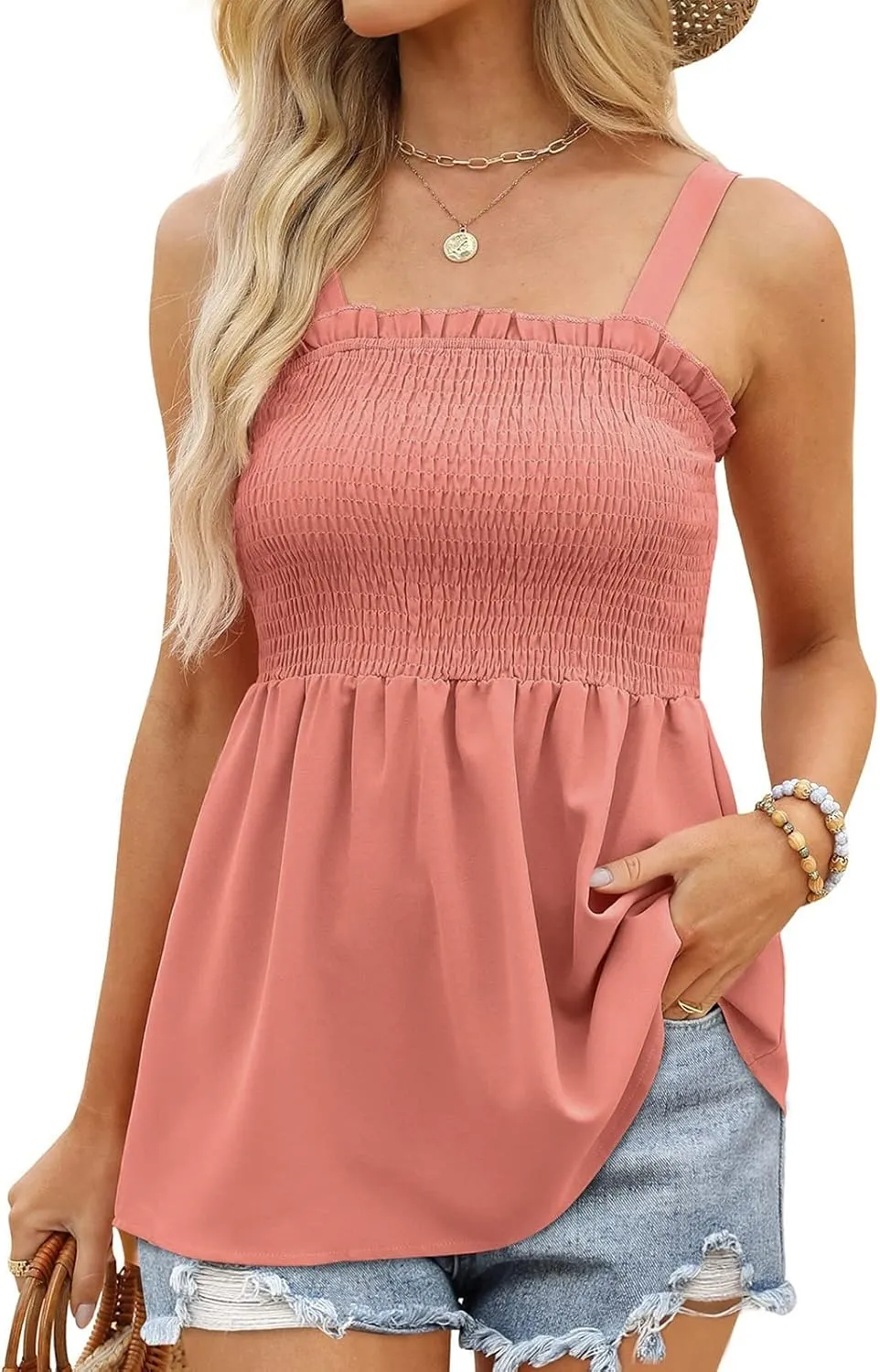Women Summer Sleeveless Tank Top Ruched Ruffle Flowy Camisole Tummy Control Casual Longline Cami Blouse