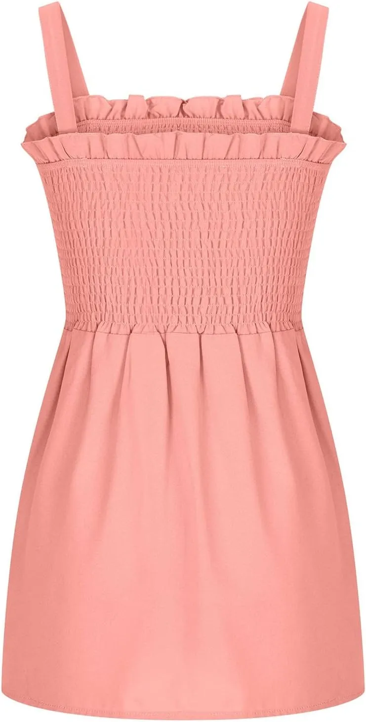 Women Summer Sleeveless Tank Top Ruched Ruffle Flowy Camisole Tummy Control Casual Longline Cami Blouse