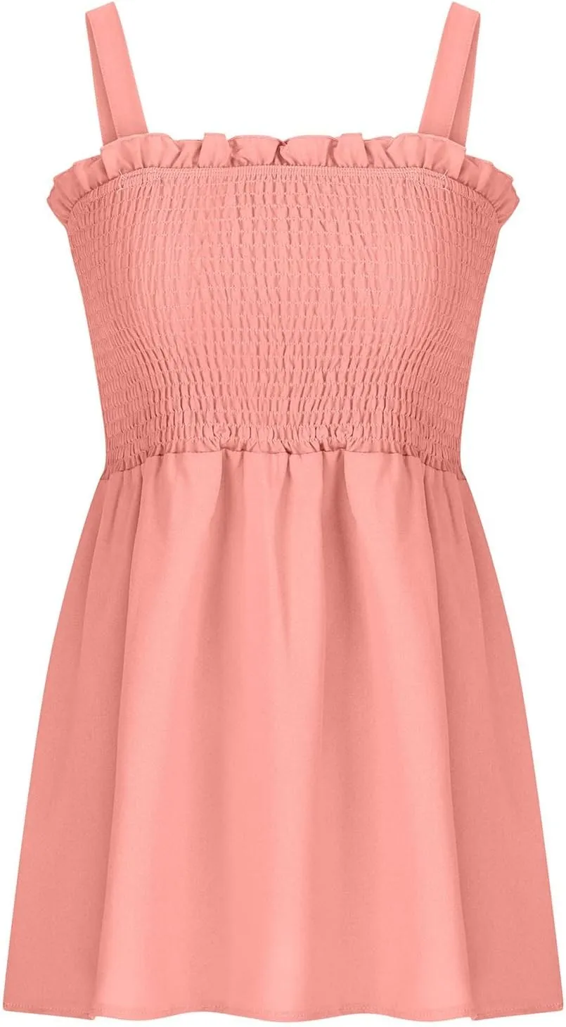 Women Summer Sleeveless Tank Top Ruched Ruffle Flowy Camisole Tummy Control Casual Longline Cami Blouse