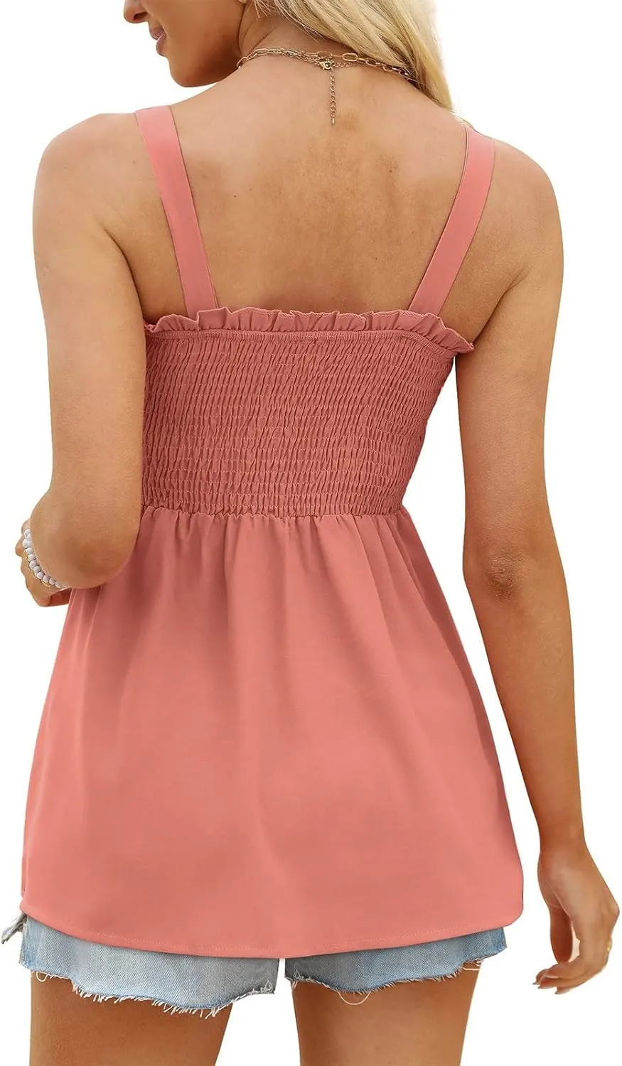 Women Summer Sleeveless Tank Top Ruched Ruffle Flowy Camisole Tummy Control Casual Longline Cami Blouse