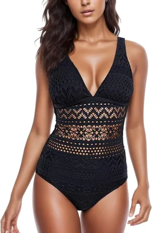 Women Swimsuit One Piece Bathing Suit Sexy Halter Neck Criss Cross Mesh Hollow Out Bikini Swimwear Strapless Bathing Suits