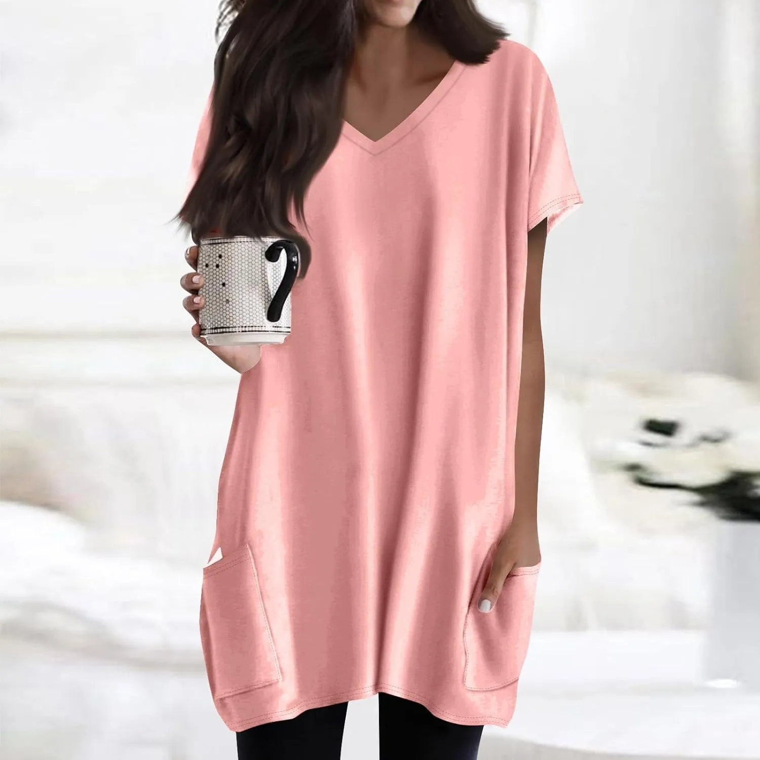 Women Tunic Tops Spring V Neck Short Sleeve Shirts With Pockets Plus Size Tops For Leggings Basic Blouses