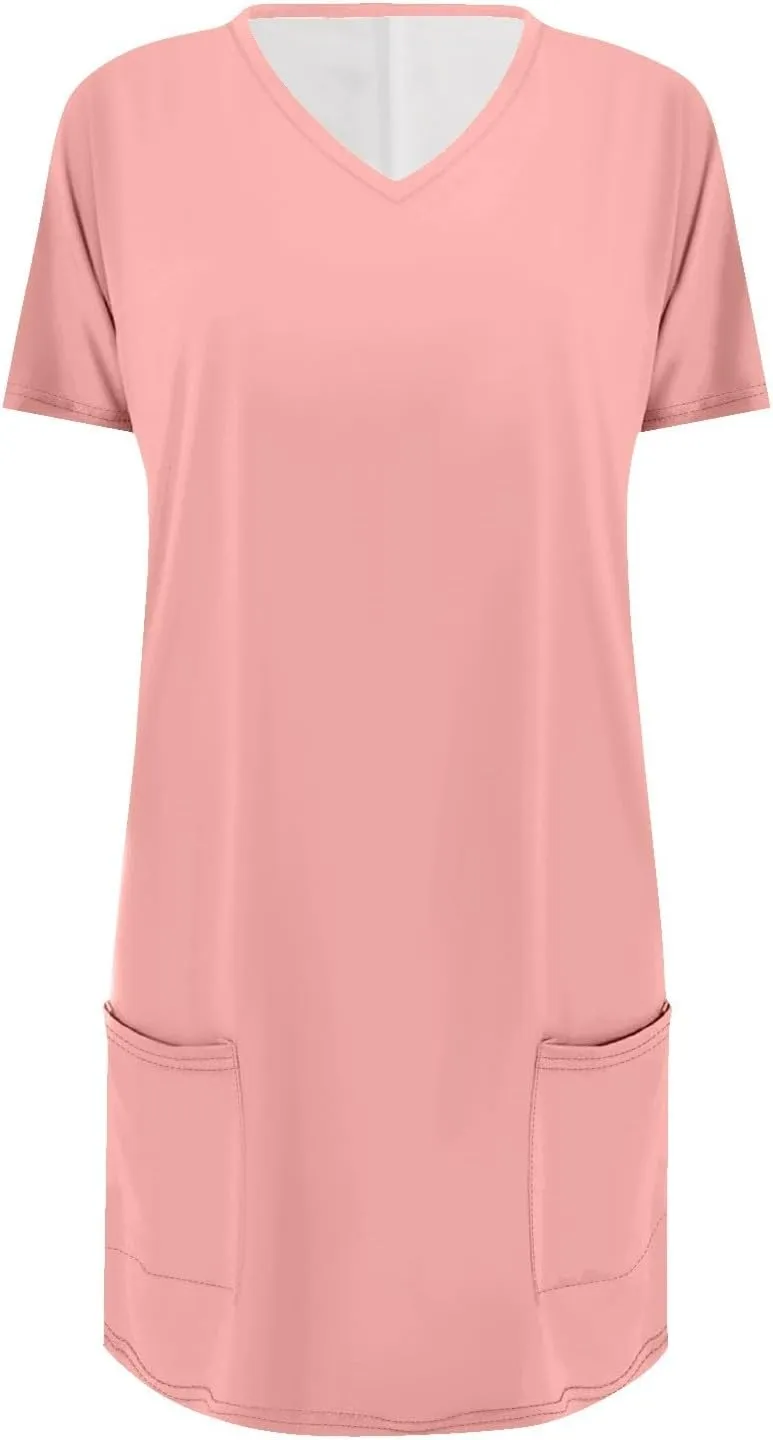 Women Tunic Tops Spring V Neck Short Sleeve Shirts With Pockets Plus Size Tops For Leggings Basic Blouses