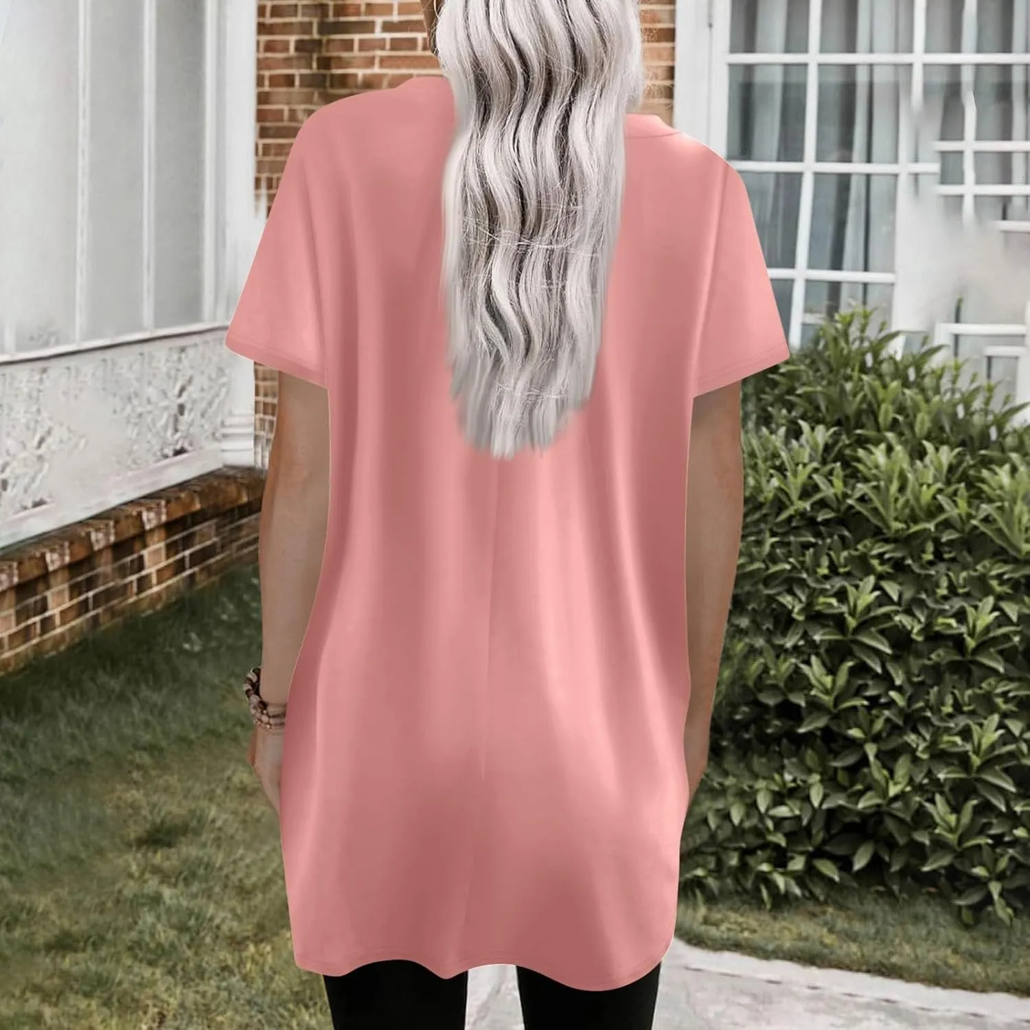 Women Tunic Tops Spring V Neck Short Sleeve Shirts With Pockets Plus Size Tops For Leggings Basic Blouses