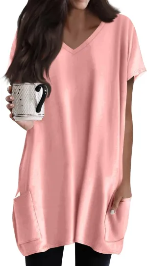 Women Tunic Tops Spring V Neck Short Sleeve Shirts With Pockets Plus Size Tops For Leggings Basic Blouses