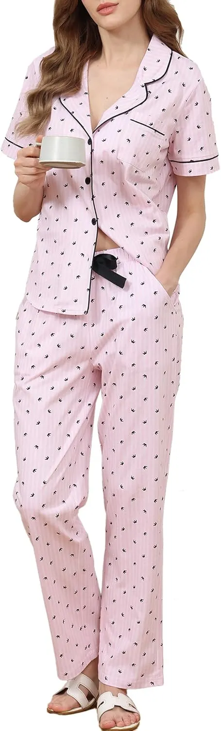 Womens 100 Cotton Pajama Sets 2 Piece Notch Collar Short Sleeve Lounge Set Soft Sleepwear, Chest Pocket