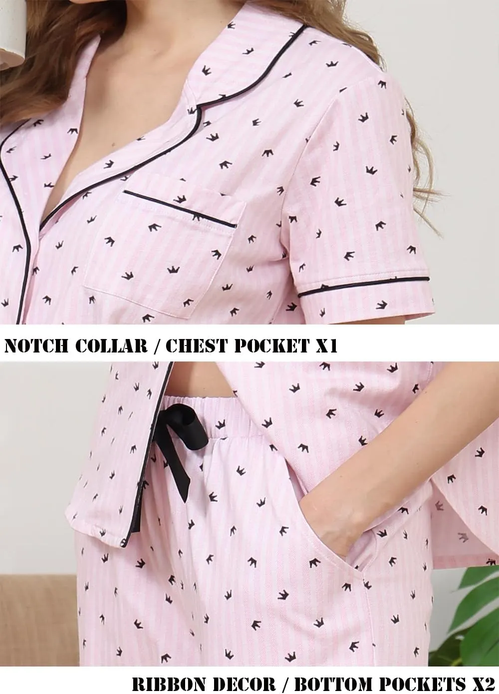Womens 100 Cotton Pajama Sets 2 Piece Notch Collar Short Sleeve Lounge Set Soft Sleepwear, Chest Pocket