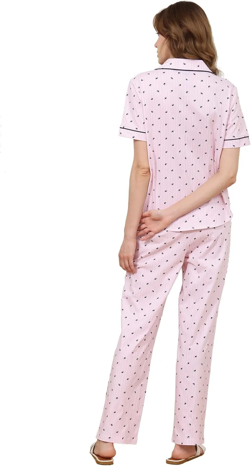 Womens 100 Cotton Pajama Sets 2 Piece Notch Collar Short Sleeve Lounge Set Soft Sleepwear, Chest Pocket