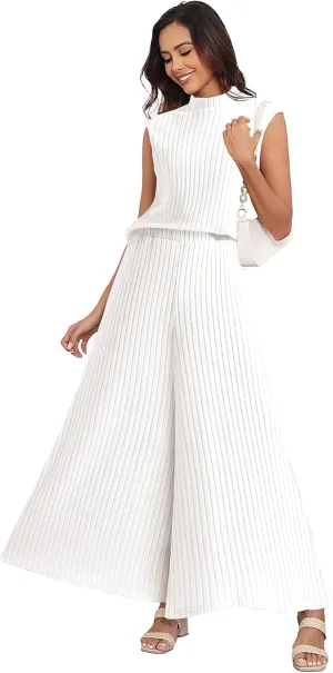 Womens 2 Piece Sets Sleeveless with Wide Leg Pants with Pockets Lounge Wear Outfits Pajama Sets
