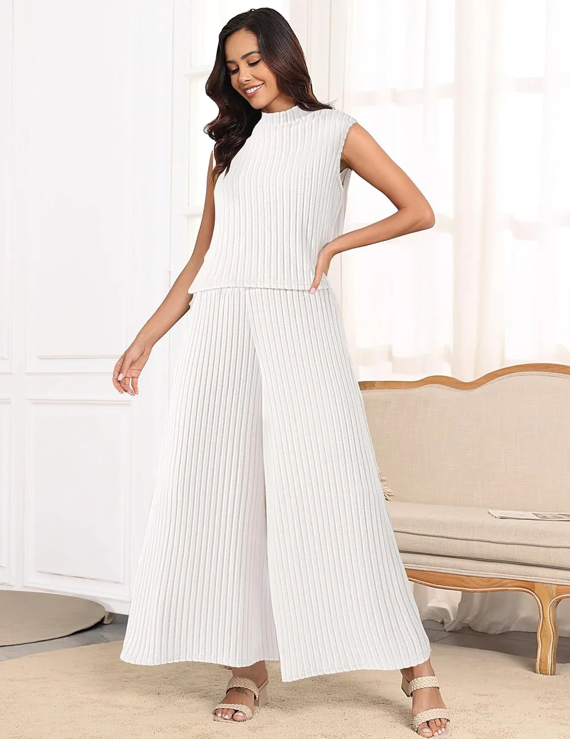 Womens 2 Piece Sets Sleeveless with Wide Leg Pants with Pockets Lounge Wear Outfits Pajama Sets