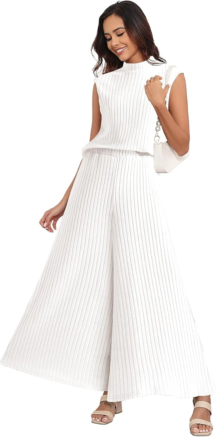 Womens 2 Piece Sets Sleeveless with Wide Leg Pants with Pockets Lounge Wear Outfits Pajama Sets