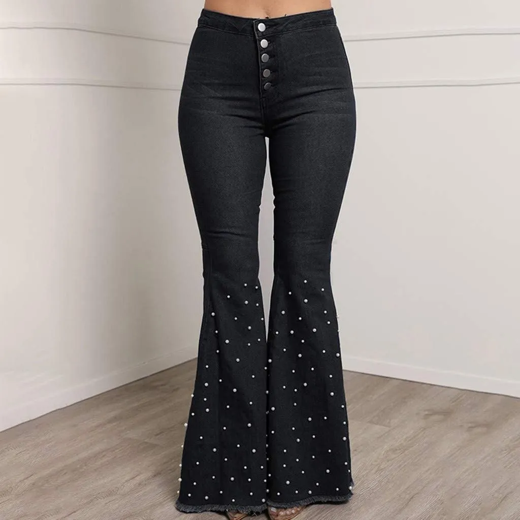 Women's Bell Bottom Pants High Waisted Ripped Flare Jean Plus Size Retro Stretch Wide Leg Jeans with Pocket