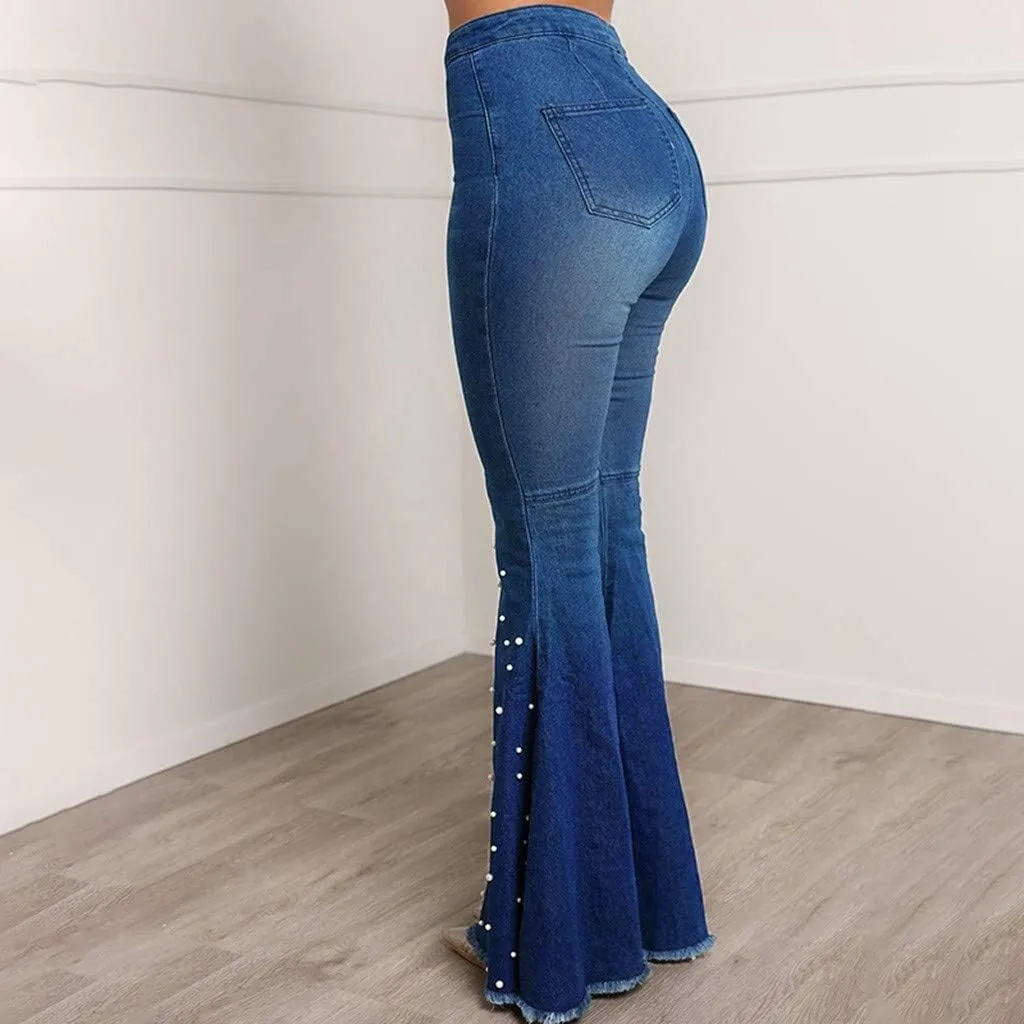 Women's Bell Bottom Pants High Waisted Ripped Flare Jean Plus Size Retro Stretch Wide Leg Jeans with Pocket