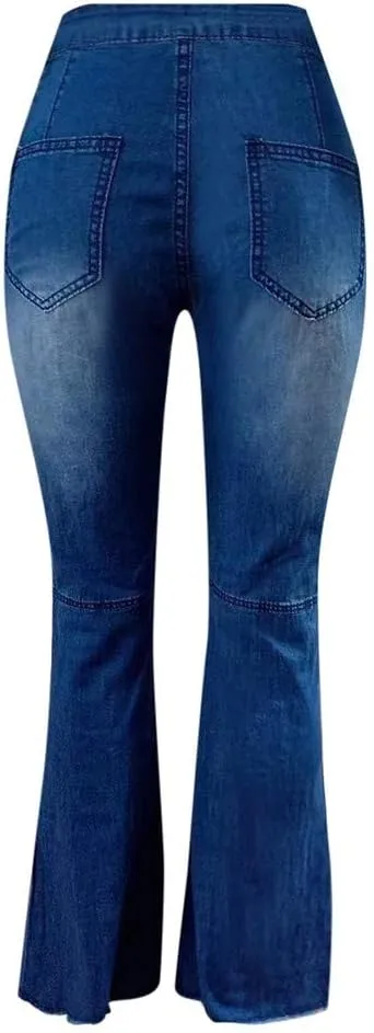 Women's Bell Bottom Pants High Waisted Ripped Flare Jean Plus Size Retro Stretch Wide Leg Jeans with Pocket