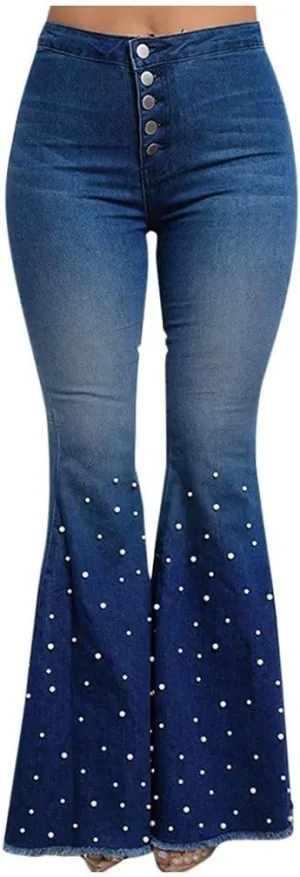 Women's Bell Bottom Pants High Waisted Ripped Flare Jean Plus Size Retro Stretch Wide Leg Jeans with Pocket