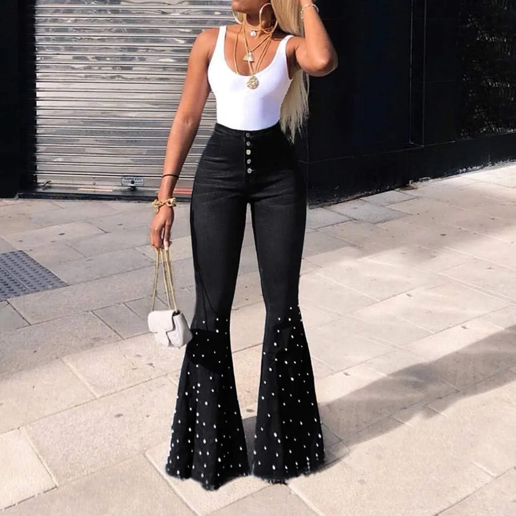 Women's Bell Bottom Pants High Waisted Ripped Flare Jean Plus Size Retro Stretch Wide Leg Jeans with Pocket