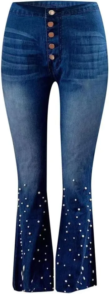 Women's Bell Bottom Pants High Waisted Ripped Flare Jean Plus Size Retro Stretch Wide Leg Jeans with Pocket