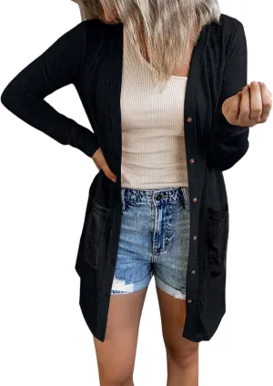 Women's Cardigans, Casual Button Down Open Front Lightweight Cardigan Holiday Solid Long Sleeve Jackets with Pocket