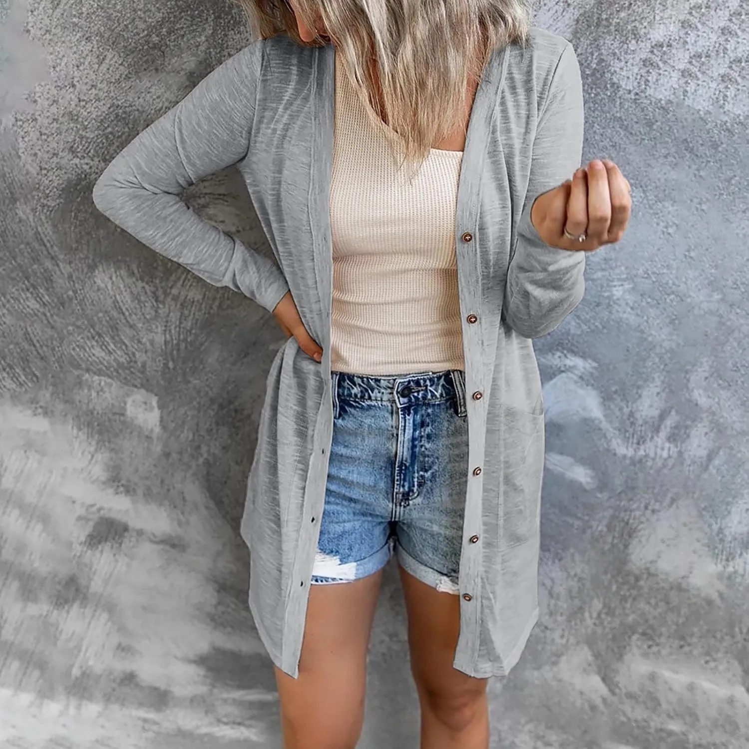 Women's Cardigans, Casual Button Down Open Front Lightweight Cardigan Holiday Solid Long Sleeve Jackets with Pocket