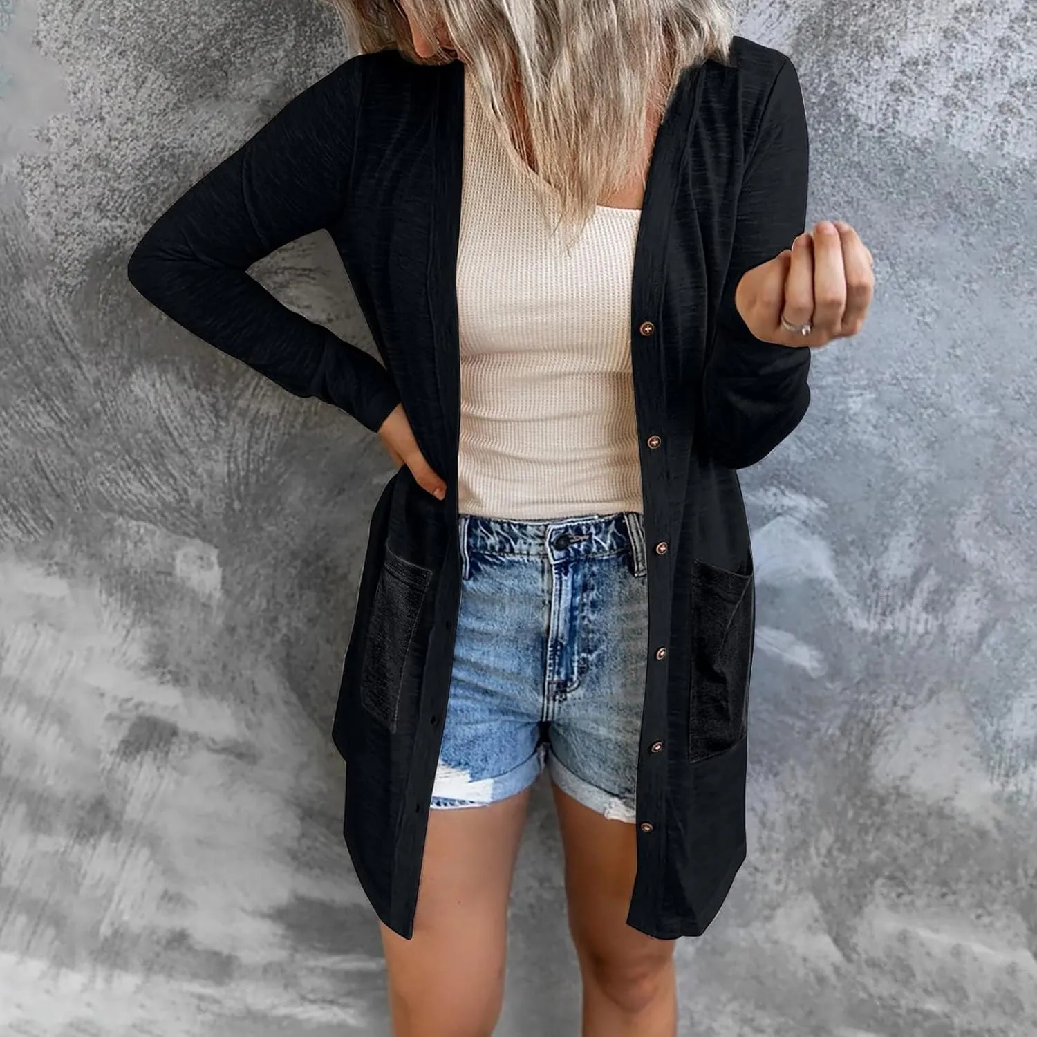 Women's Cardigans, Casual Button Down Open Front Lightweight Cardigan Holiday Solid Long Sleeve Jackets with Pocket