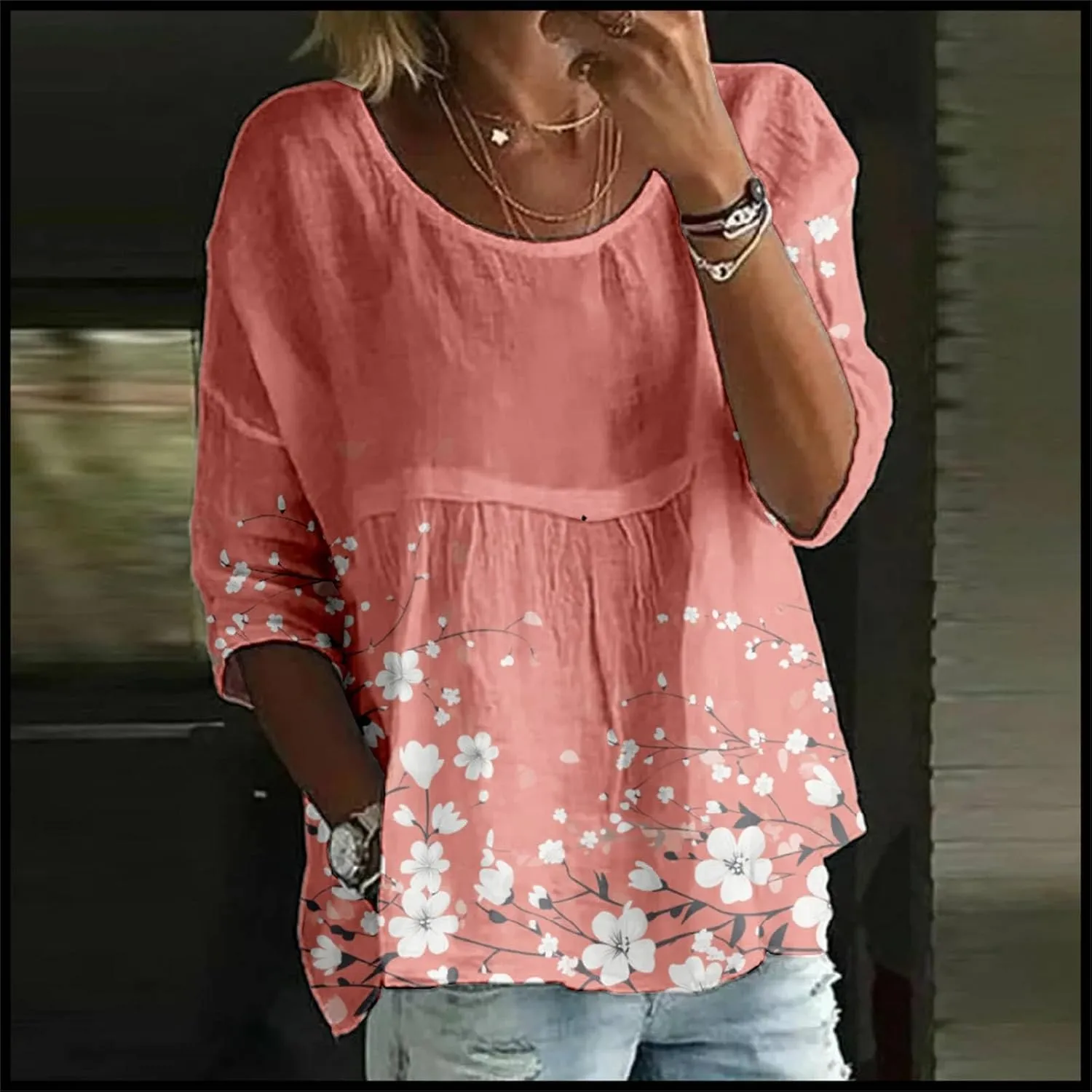 Women's Casual Boho Tops Loose Fit Bohemian 3/4 Length Sleeve Shirts Stylish Beach Summer Plus Size Blouses Tunic Top