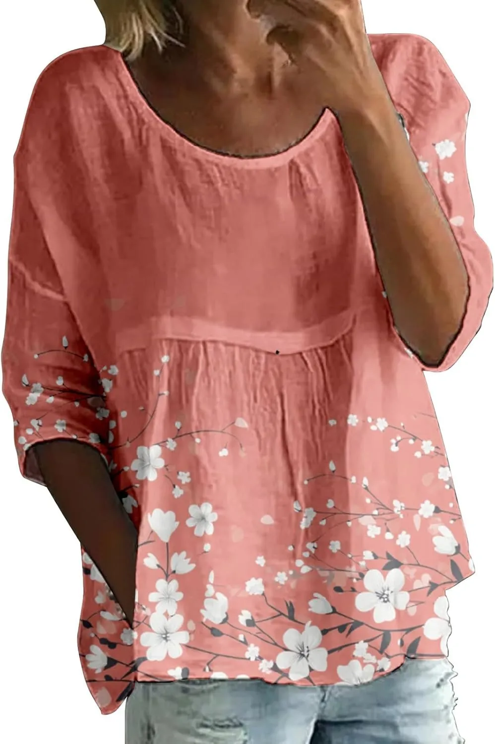 Women's Casual Boho Tops Loose Fit Bohemian 3/4 Length Sleeve Shirts Stylish Beach Summer Plus Size Blouses Tunic Top